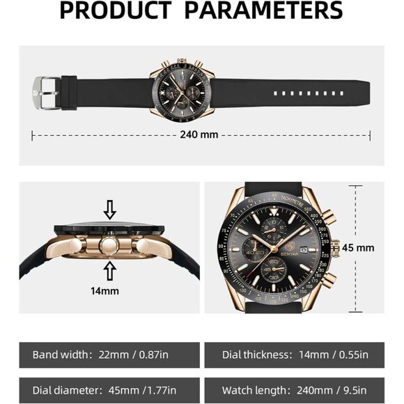 BY BENYAR Men's Black Analog Quartz Chronograph Watch 30M Waterproof Luminous - Picture 6 of 8